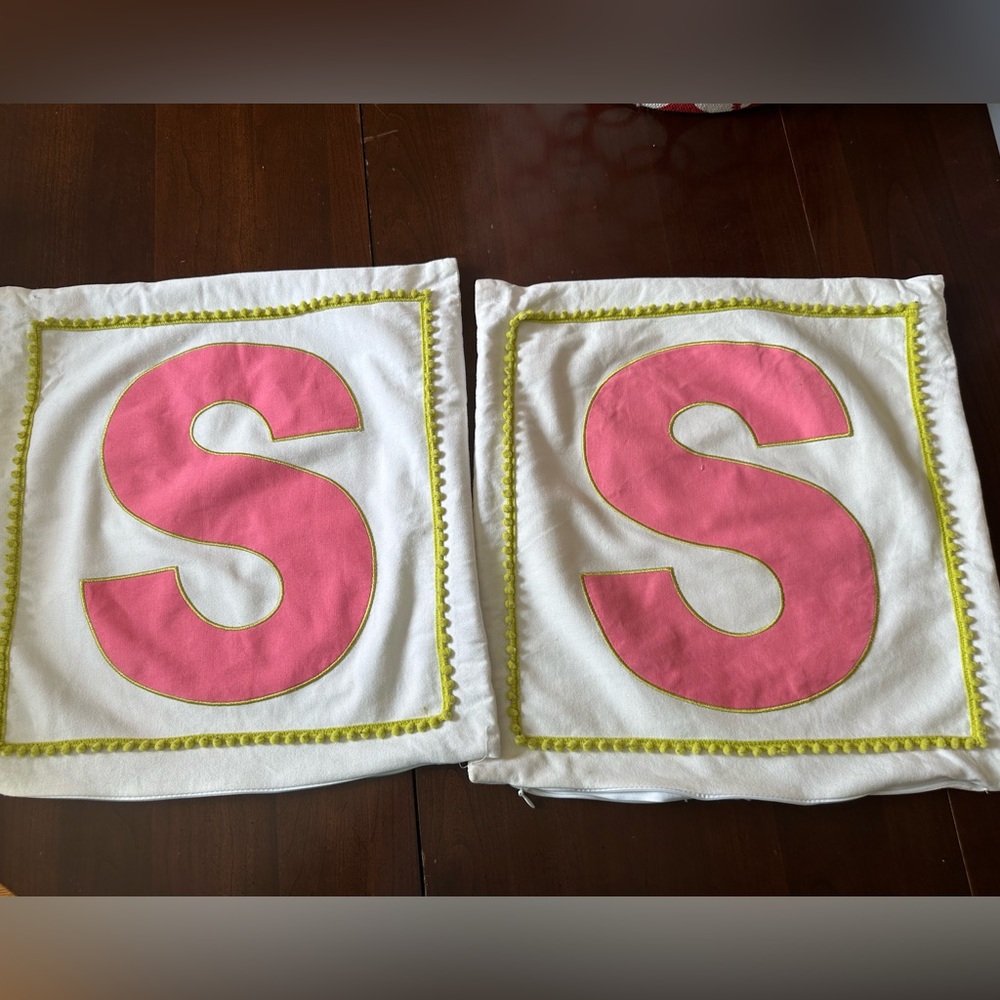 S Monogram Appliqué throw Pillow zippered Covers. Two 18 x 18. Lime Green & Pink